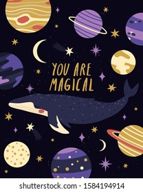 card template with cosmic whale, planets and constellations. Vector greeting card with space whale and planets. Nursery poster or card template