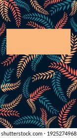 Plantilla de tarjeta para invitación creativa con ramas coloridas sobre fondo oscuro. Diseño vectorial de portada de libros original con patrón tropical
