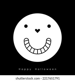 Card template with creepy smiling face with tooth. Black and white doodle illustration.  Skull, ghost or jack-o'-lantern. Halloween concept.