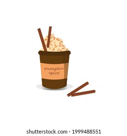 Plantilla de tarjeta de una taza de café y especias de calabaza sobre un fondo blanco. Ilustración vectorial. Para el diseño de saludos, invitaciones, volantes, promociones, anuncios y otros diseños.