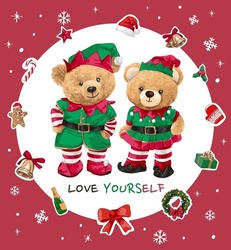 Card Template Of Cute Bear Doll Couple In Elf Costume Vector Illustration