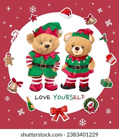 card template of cute bear doll couple in elf costume vector illustration