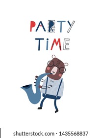 Card template with cute bear and saxophone: Party time. For birthday, anniversary, party invitations, apparel. Funny forest band. Kids fashion graphic. Vector hand drawn illustration in red, blue.