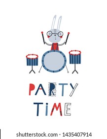 Card template with cute bunny and drums: Party time. For birthday, anniversary, party invitations, apparel. Funny forest band. Kids fashion graphic. Vector hand drawn illustration in red, black, blue.