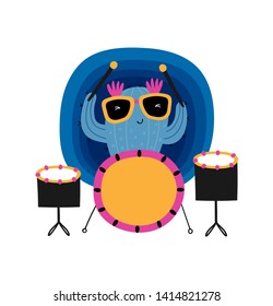 Card template with cute cactus and drum: Party time. For birthday, anniversary, party invitations, apparel. Funny fruit. Kids fashion graphic. Vector hand drawn illustration. Pink, yellow, blue.