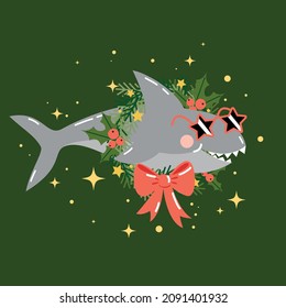 Card template with cute cool shark inside Christmas wreath