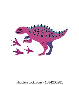 Card template with cute Dino. Hand drawn scandinavian graphic for typography poster, card, label, brochure, flyer, page, banner, baby wear, nursery. Vector illustration in blue and vilet
