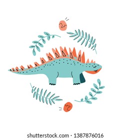 Card template with cute Dino. Hand drawn scandinavian graphic for typography poster, card, label, brochure, flyer, page, banner, baby wear, nursery. Vector illustration in blue and vilet