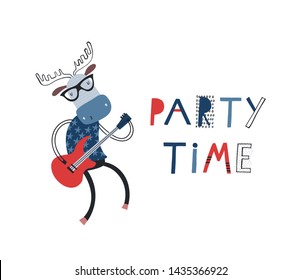 Card template with cute elk and guitar: Party time. For birthday, anniversary, party invitations, apparel. Funny forest band. Kids fashion graphic. Vector hand drawn illustration in red, black, blue.