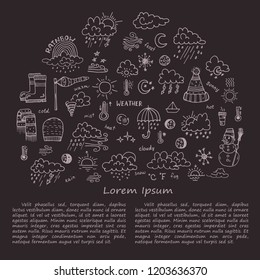 Card template with cute hand drawn weather icons. Doddle vector collection