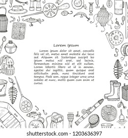 Card template with cute hand drawn fishing icons. Vector catching fish equipment elements. Doodle illustration