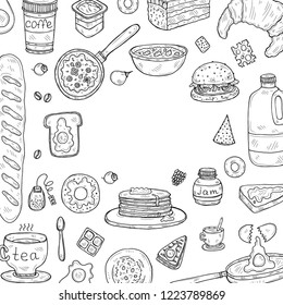 Card template with cute hand drawn breakfast icons. Doodle vector collection. Food illustration