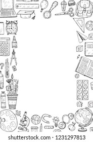 Card template with cute hand drawn educational tools including pencils; pens; watercolor; eraser; globe; brush; and others. Vector hand drawn back to school collection