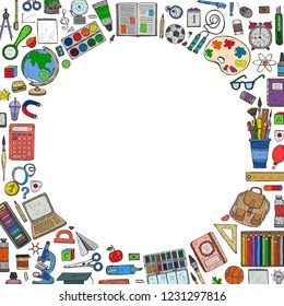 Card template with cute hand drawn educational tools including pencils; pens; watercolor; eraser; globe; brush; and others. Vector hand drawn back to school collection