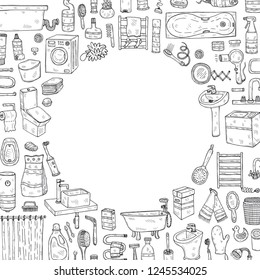 Card template with cute hand drawn bathroom icons. Vector doodle collection