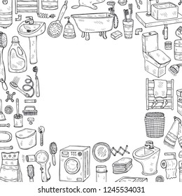 Card template with cute hand drawn bathroom icons. Vector doodle collection