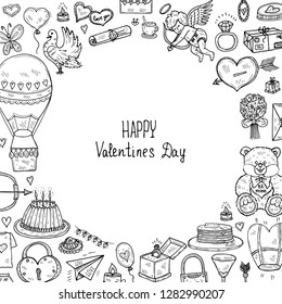 Card template with cute hand drawn Valentines Day icons. Love collection. Vector