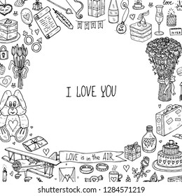 Card template with cute hand drawn Valentines Day icons. Love collection. Vector