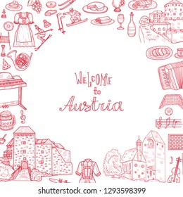 Card template with cute hand drawn Welcome to Austria icons. Vector sketch. 