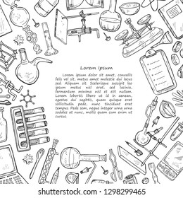 Card template with cute hand drawn chemistry icons.  Scientific doodle collection