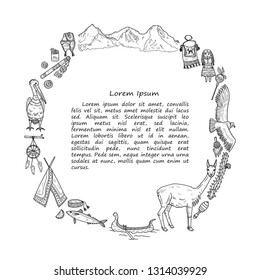 Card template with cute hand drawn Peru related icons. Vector travel collection. 