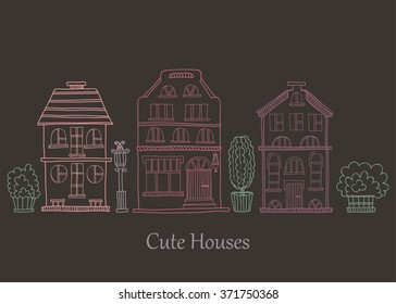 Card template with cute hand drawn houses. Vector city street collection