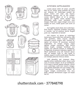 Card template with cute hand drawn kitchen appliances. Vector kitchen collection