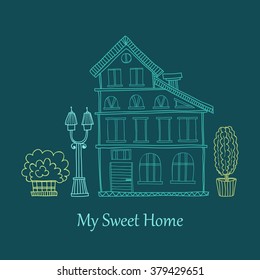 Card template with cute hand drawn house. Vector city street collection