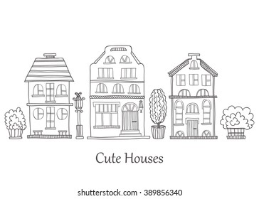 Card template with cute hand drawn houses. Vector city street collection