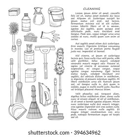 Card template with cute hand drawn house cleaning tools. Vector cleaning collection