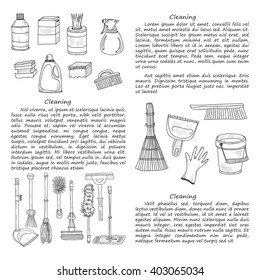 Card template with cute hand drawn house cleaning tools. Vector cleaning collection