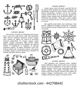 Card template with cute hand drawn elements of marine theme including ships, anchors, shells and others. Hand drawn marine collection