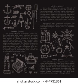 Card template with cute hand drawn elements of marine theme including ships, anchors, shells and others. Hand drawn marine collection