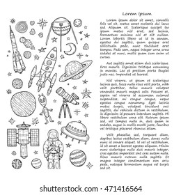 Card template with cute hand drawn space objects: stars, rockets, planets, moon, sun etc. Hand-drawn vector collection