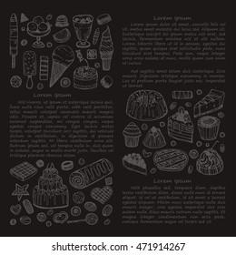 Card template with cute hand drawn sweets and candies. Vector collection