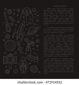 Card template with cute hand drawn space objects: stars, rockets, planets, moon, sun etc. Hand-drawn vector collection