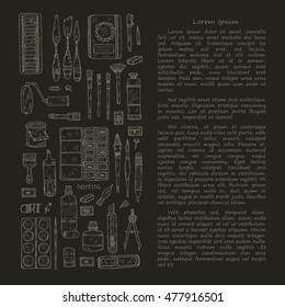 Card template with cute hand drawn art tools including pencils; pens; brush and others. Vector hand drawn art collection