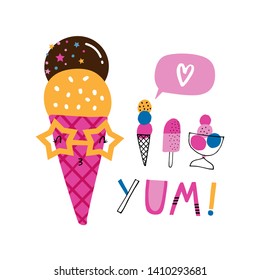 Card template with cute ice cream in sunglasses: Yum! For birthday, anniversary, party invitations, apparel.  Kids fashion graphic. Vector hand drawn illustration. Pink, yellow, blue.