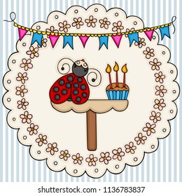 Card template with a cute ladybug with birthday cake background