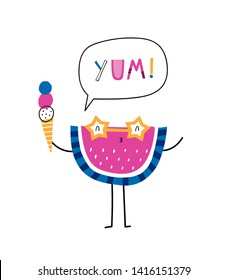 Card template with cute watermelon in sunglasses: Hey. For birthday, anniversary, invitations, apparel. Funny fruit friend. Kids fashion graphic. Vector hand drawn illustration. Pink, yellow, blue.