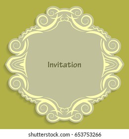Card template for cutting out paper. A caligraphic gold pattern is made along the edge. Suitable for an invitation to a wedding or other event. Vector billet for laser cutting.