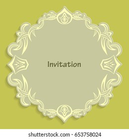 Card template for cutting out paper. A caligraphic gold pattern is made along the edge. Suitable for an invitation to a wedding or other event. Vector billet for laser cutting.