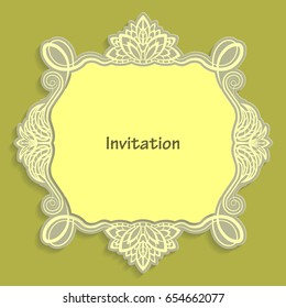 Card template for cutting out paper. A caligraphic gold pattern is made along the edge. Suitable for an invitation to a wedding or other event. Vector billet for laser cutting.