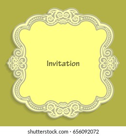 Card template for cutting out paper. A caligraphic gold pattern is made along the edge. Suitable for an invitation to a wedding or other event.  Vector billet for laser cutting.