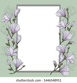 Card template decorative frame design with hand drawn colored magnolias vector illustration