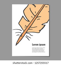 Card template with decorative orange feather for poster, flyer, banner invitations.
