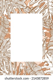 Card template with decorative tropical palm leaves. Hand drawn vector illustration.