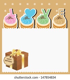 Card. Template design. Brown gift box. Cake vector illustration
