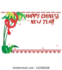 A card template design for Chinese Snake Year 2013 with a snake swirling around a bamboo tree, seasons greetings and space for wording.