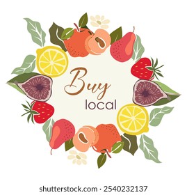 Diseño de la Plantilla de la tarjeta con el marco en forma de círculo de diversas frutas mezcladas. Remolino dibujado a mano con naranjas, limones, manzana, pera, melocotón, fresa, lima, higo. Ilustración vectorial de color